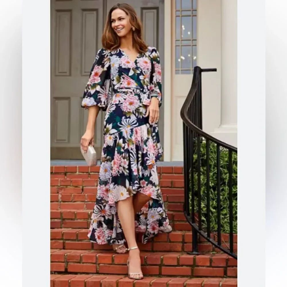 Eliza J Floral Print 3/4 Balloon Sleeve Faux Wrap Hi-Low Maxi Dress